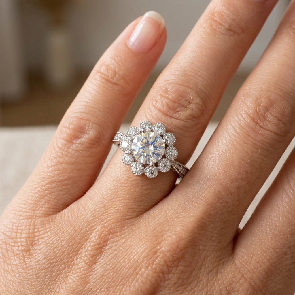A close-up of a hand wearing a silver-toned cluster ring with a large round center stone and smaller surrounding stones.