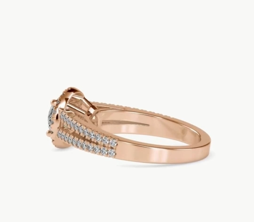 Angle view showing the split shank double row pave band of a rose gold lab grown diamond ring.