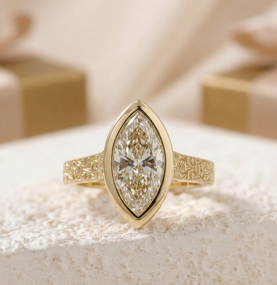 Bezel Set Vintage 4 CT Marquise Lab Diamond Engagement Ring