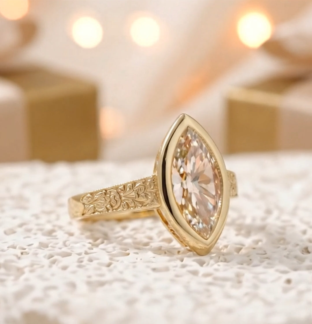 Bezel Set Vintage 4 CT Marquise Lab Diamond Engagement Ring