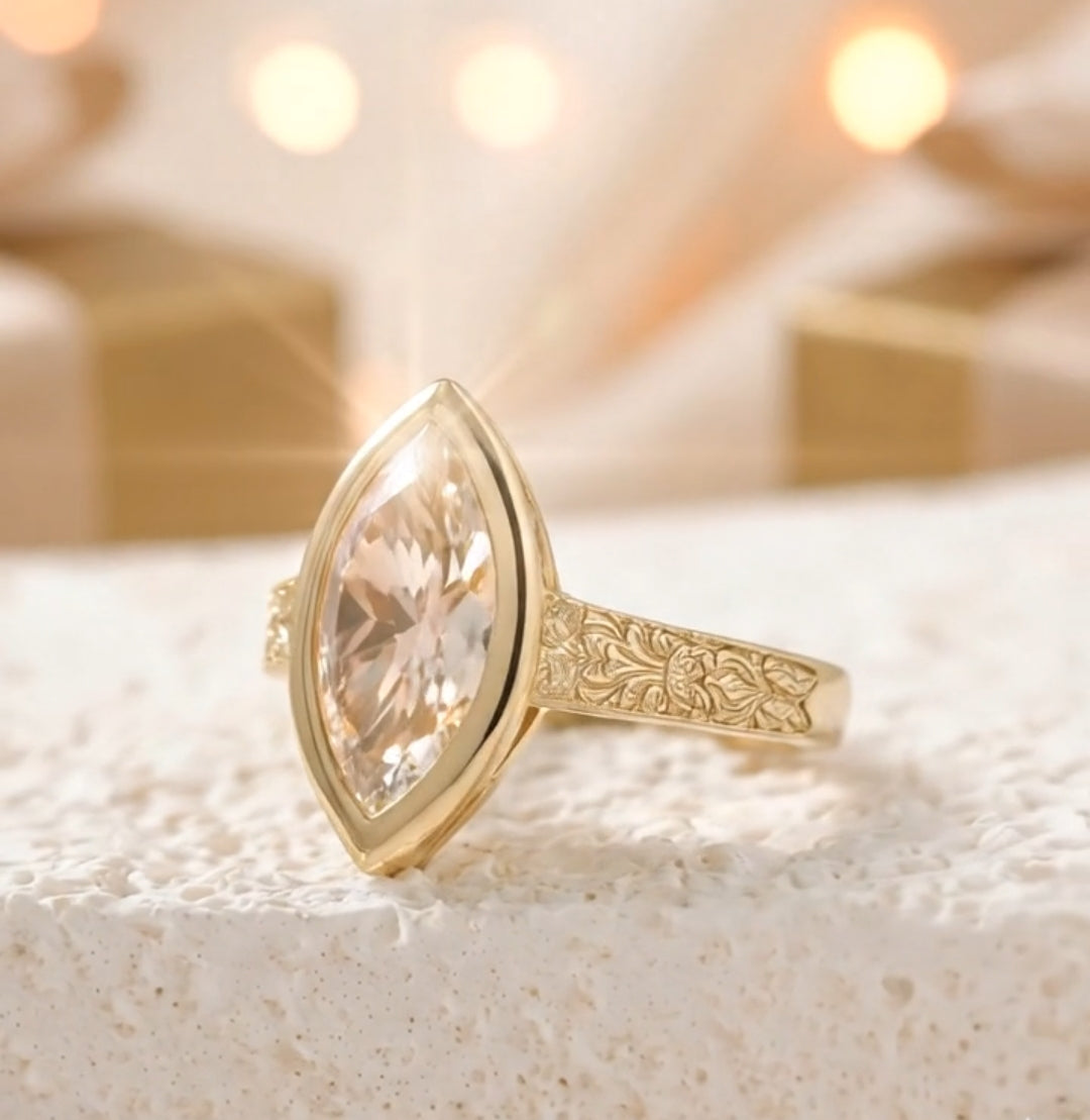 Marquise cut lab grown diamond yellow gold ring