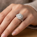 On-hand try-on photo of 2 CT cushion cut lab grown diamond vintage filigree halo engagement ring