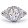 Top view of 2 CT cushion cut lab grown diamond ring with milgrain cushion halo and filigree shoulders