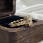 Profile angle of yellow gold Asscher cut lab diamond vintage ring displaying chevron hand-engraved shank
