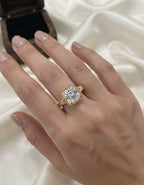 On-hand view of 3 CT Asscher cut lab grown diamond vintage engraved yellow gold ring