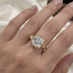 Close-up on-hand view of 3 CT Asscher cut lab created diamond ring with milgrain bezel frame