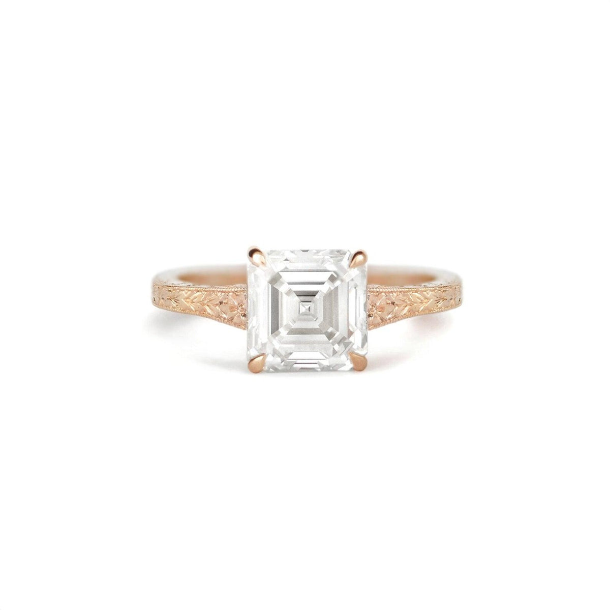 Front view of 2 CT Asscher cut lab diamond solitaire ring in white gold metal option