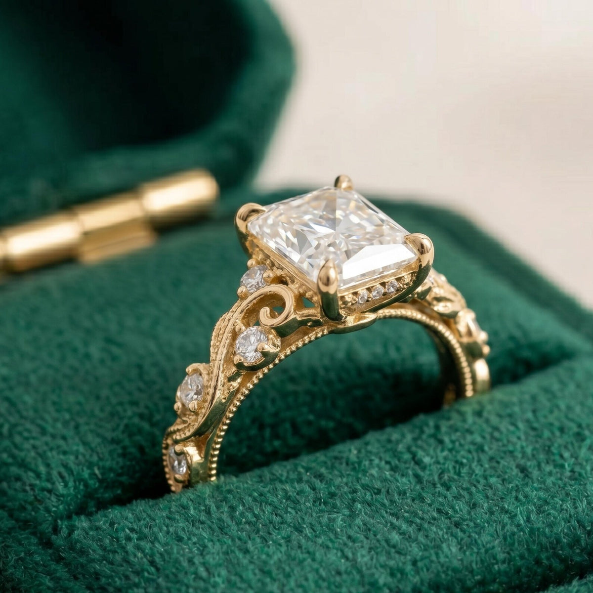 Close-up side view showing the intricate floral vine scrollwork and side diamond accents of a yellow gold 4 CT radiant diamond ring.
