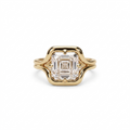 Front studio view of a 2 carat Asscher cut lab grown diamond ring set in 14K yellow gold.