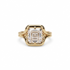 Front studio view of a 2 carat Asscher cut lab grown diamond ring set in 14K yellow gold.