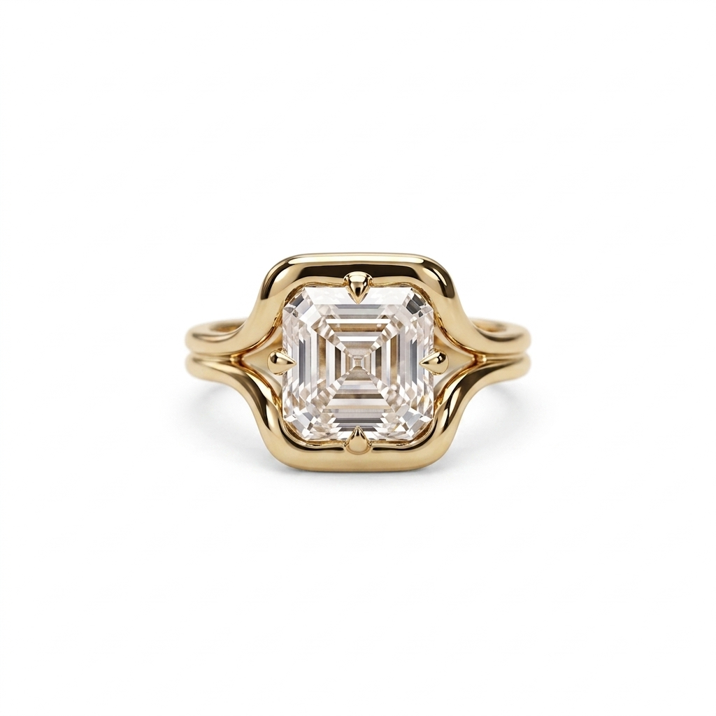 Front studio view of a 2 carat Asscher cut lab grown diamond ring set in 14K yellow gold.