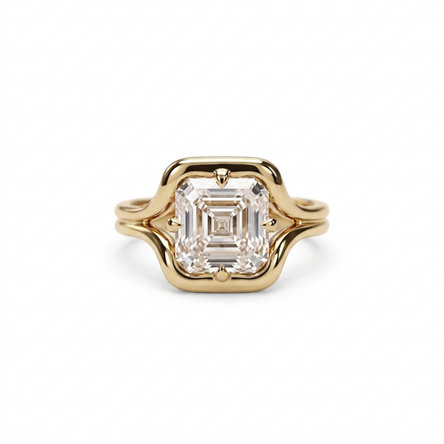 Front studio view of a 2 carat Asscher cut lab grown diamond ring set in 14K yellow gold.