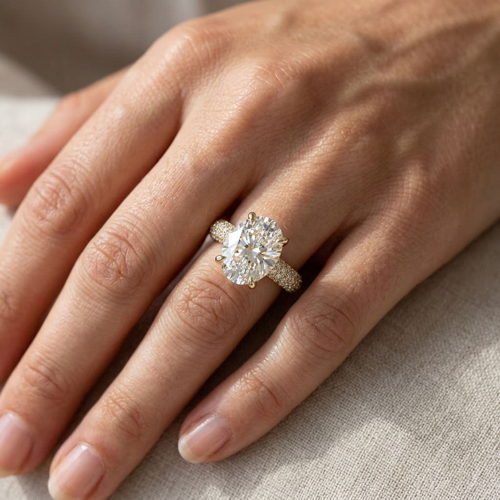 2 CT Oval Lab Grown Diamond Engagement Ring In Triple-Row Micro-Pave Band