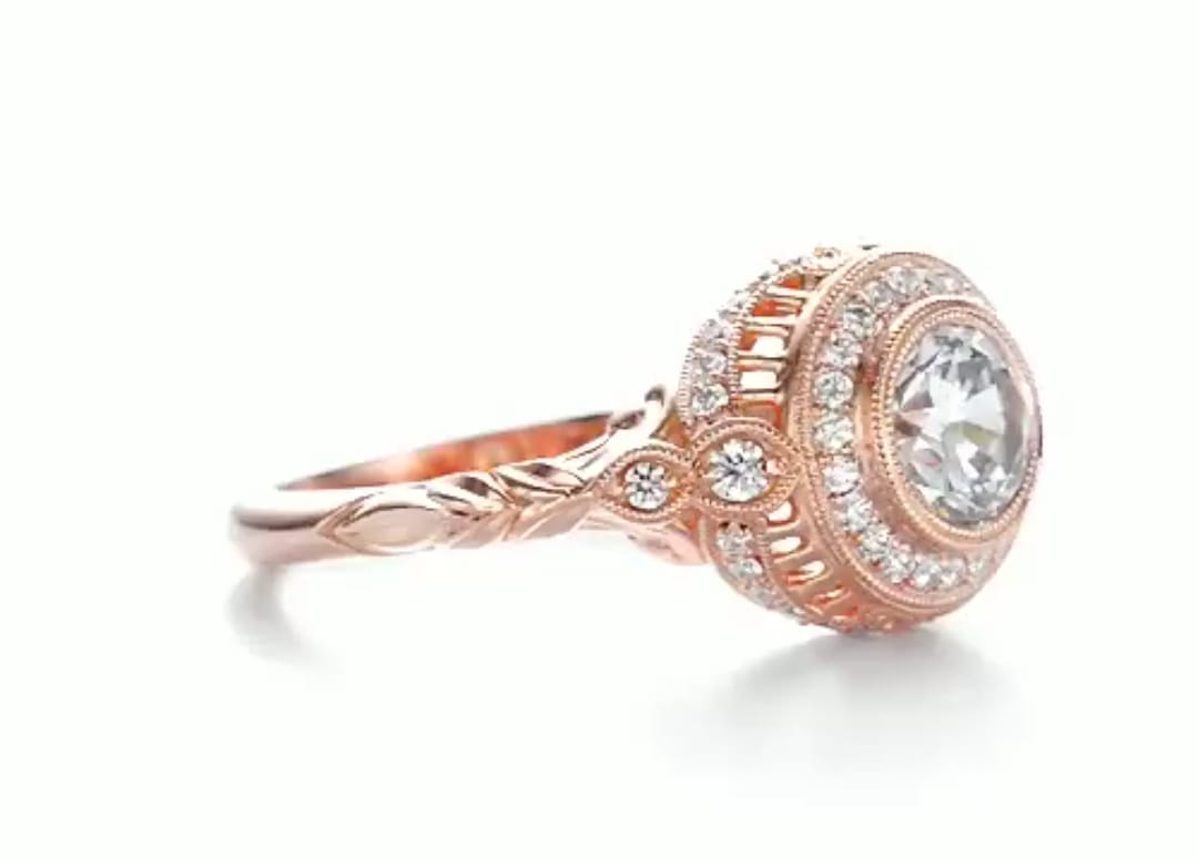 3 CT Round Cut Lab Diamond Milgrain Halo Ring | Rose Gold