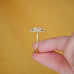 A gold ring with a clear gemstone held between fingers against a solid yellow background.