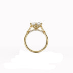 Side profile view of a 4 CT oval lab grown diamond engagement ring in yellow gold showing the hidden diamond bridge and textured prongs.