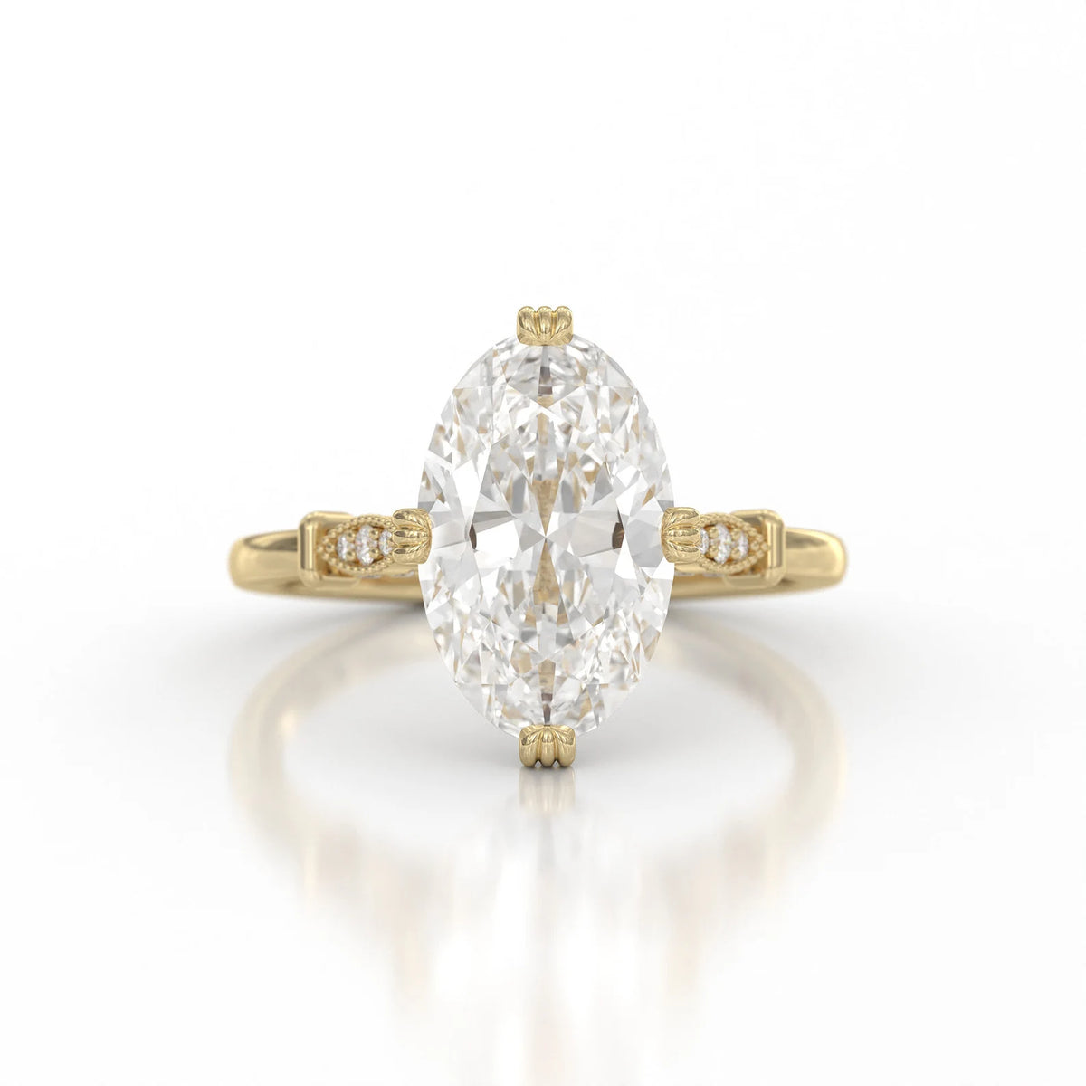 Studio front shot of 4 CT oval lab grown diamond engagement ring in yellow gold with vintage filigree accents.