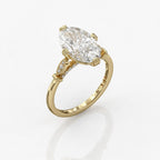 Three-quarter angle view of a 4 carat oval lab grown diamond engagement ring with vintage milgrain leaf accents.