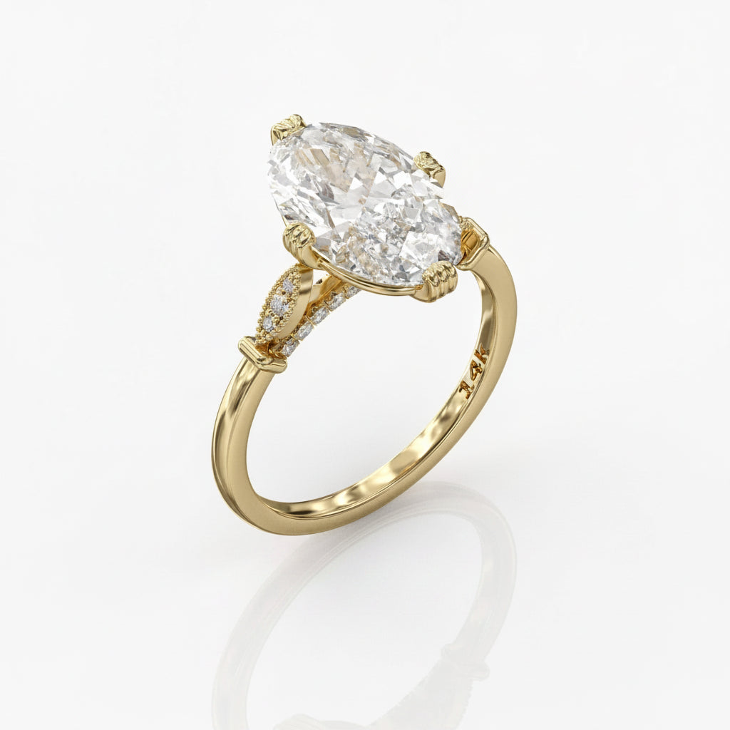 Three-quarter angle view of a 4 carat oval lab grown diamond engagement ring with vintage milgrain leaf accents.