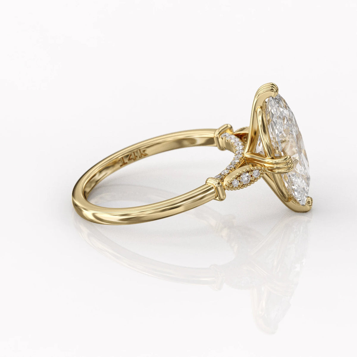 Detailed side view of 4 carat oval lab diamond ring highlighting leaf milgrain shoulders and 14K gold stamp.