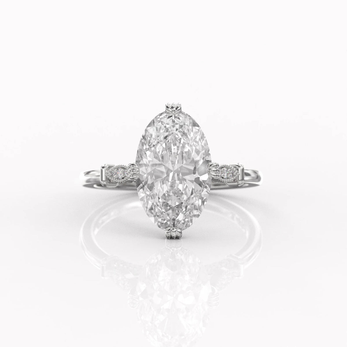 Top-down studio view of a 4 CT oval lab grown diamond solitaire ring crafted in 14K white gold.