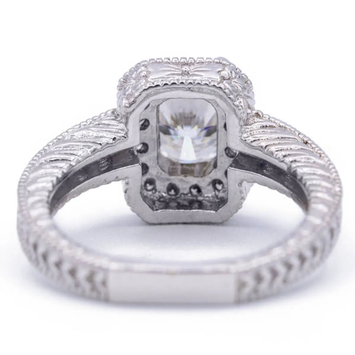 Bottom interior view of a 3 CT radiant lab created diamond engagement ring showing gallery structure and solid metal band.