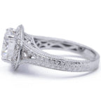 Profile view of a white gold 3 CT round lab diamond engagement ring with double milgrain borders and engraved patterns.