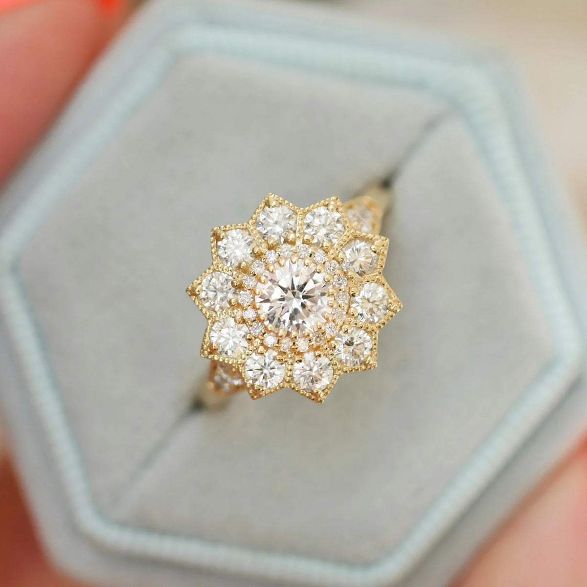 Direct top view of a 1.5 carat round lab grown diamond ring featuring a double starburst flower halo with milgrain borders.