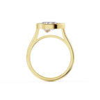 Side view profile of a 2 carat pear lab grown diamond ring with an elevated yellow gold East-West bezel setting and cathedral arch.