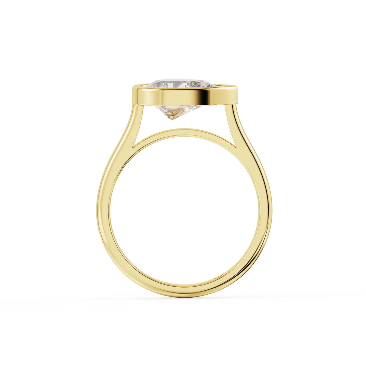 Side view profile of a 2 carat pear lab grown diamond ring with an elevated yellow gold East-West bezel setting and cathedral arch.