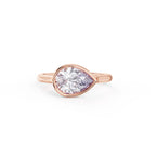 Front view of a 2ct East-West pear cut lab grown diamond solitaire engagement ring in 14k rose gold bezel setting.
