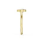 Direct side profile view of the yellow gold band and low profile bezel setting holding a 2ct pear lab diamond.