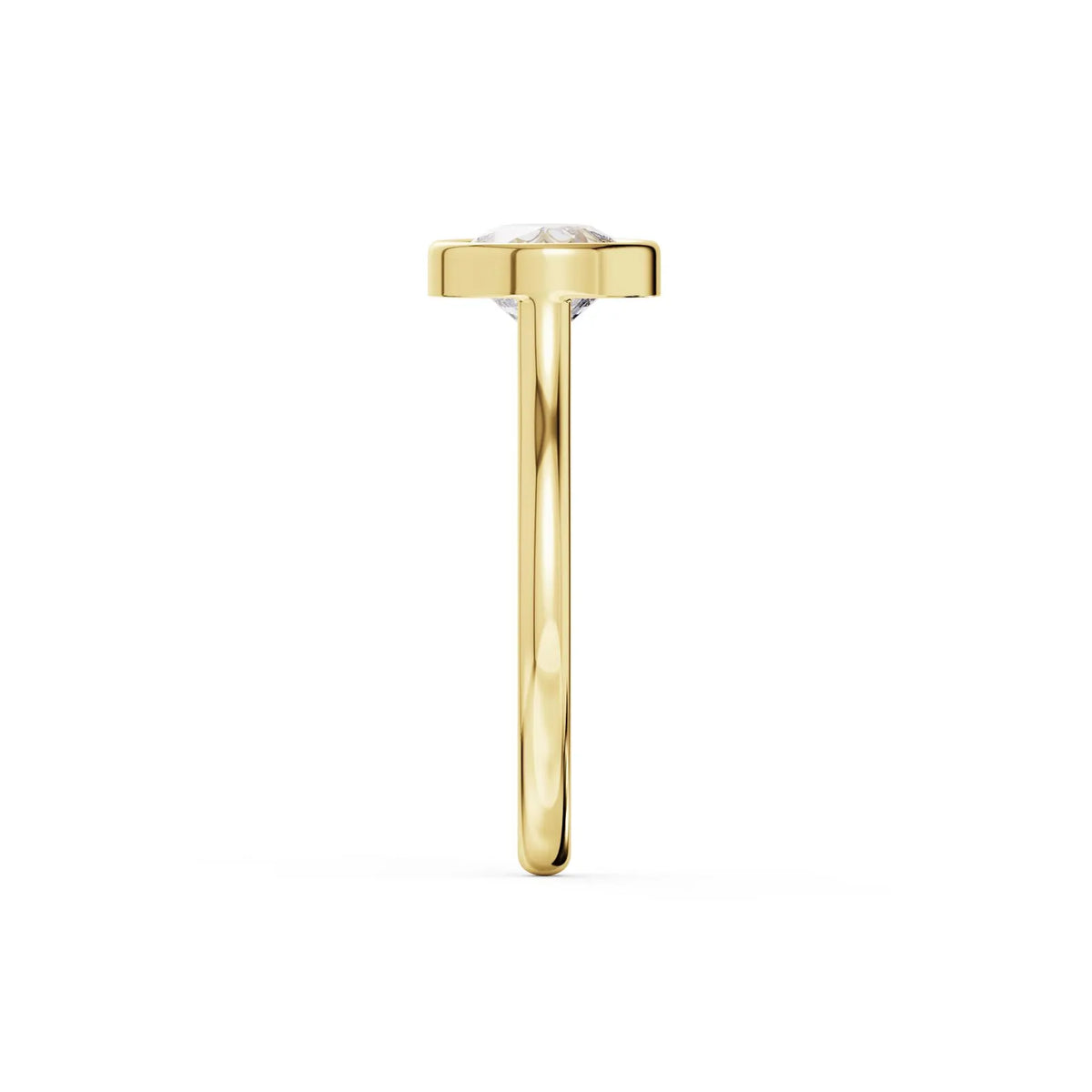 Direct side profile view of the yellow gold band and low profile bezel setting holding a 2ct pear lab diamond.
