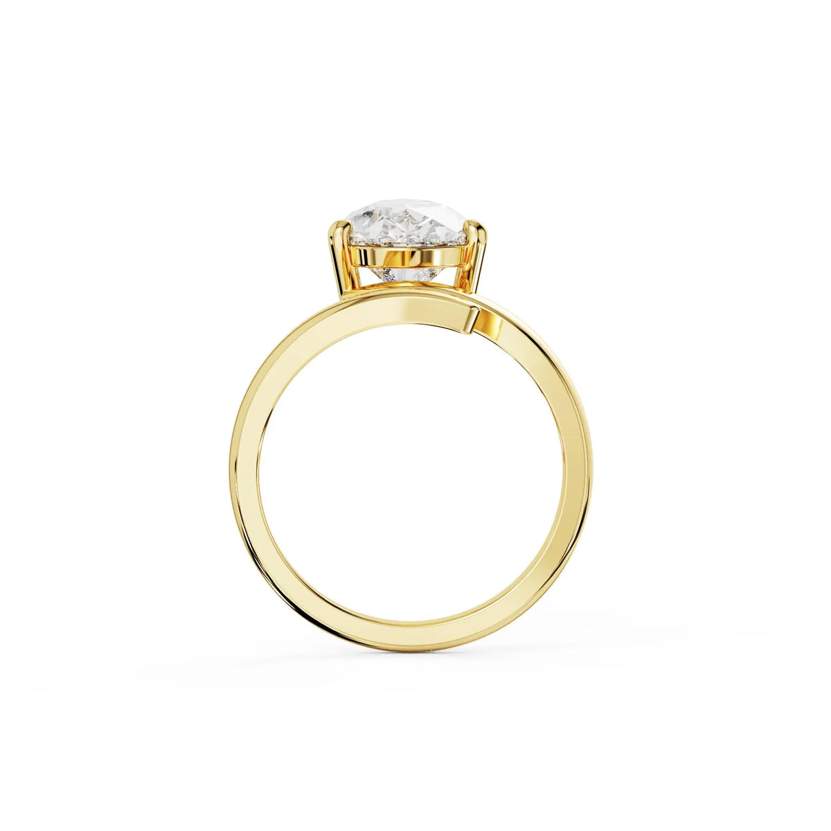 Side view of a 2 carat pear lab grown diamond engagement ring with a yellow gold bypass wrap band.