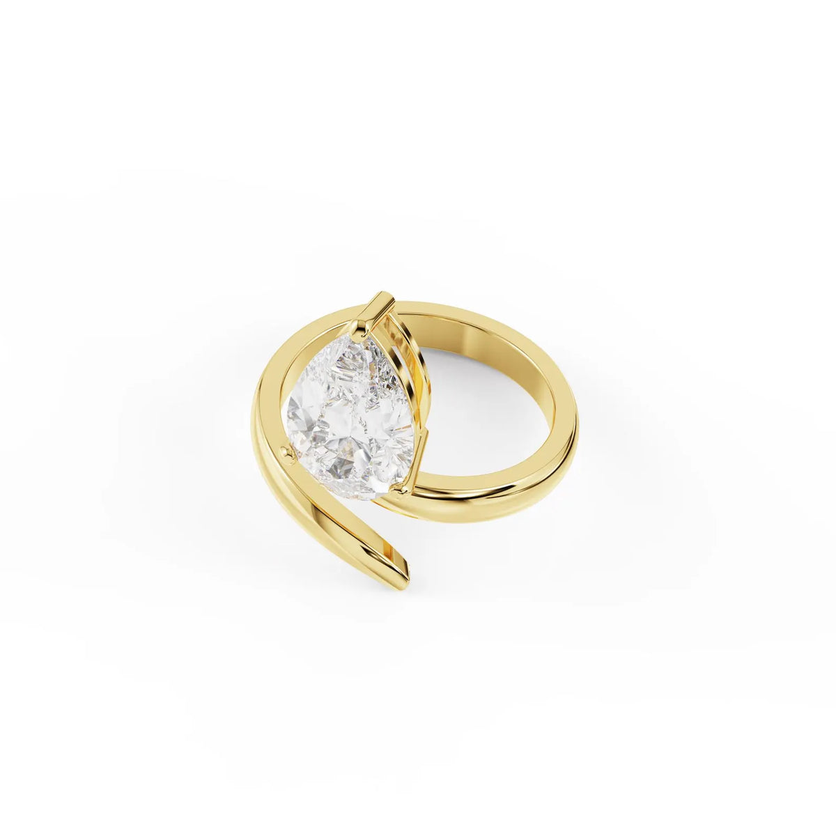 Top angled perspective of a 2 carat pear cut lab grown diamond set on a yellow gold swirl bypass shank.