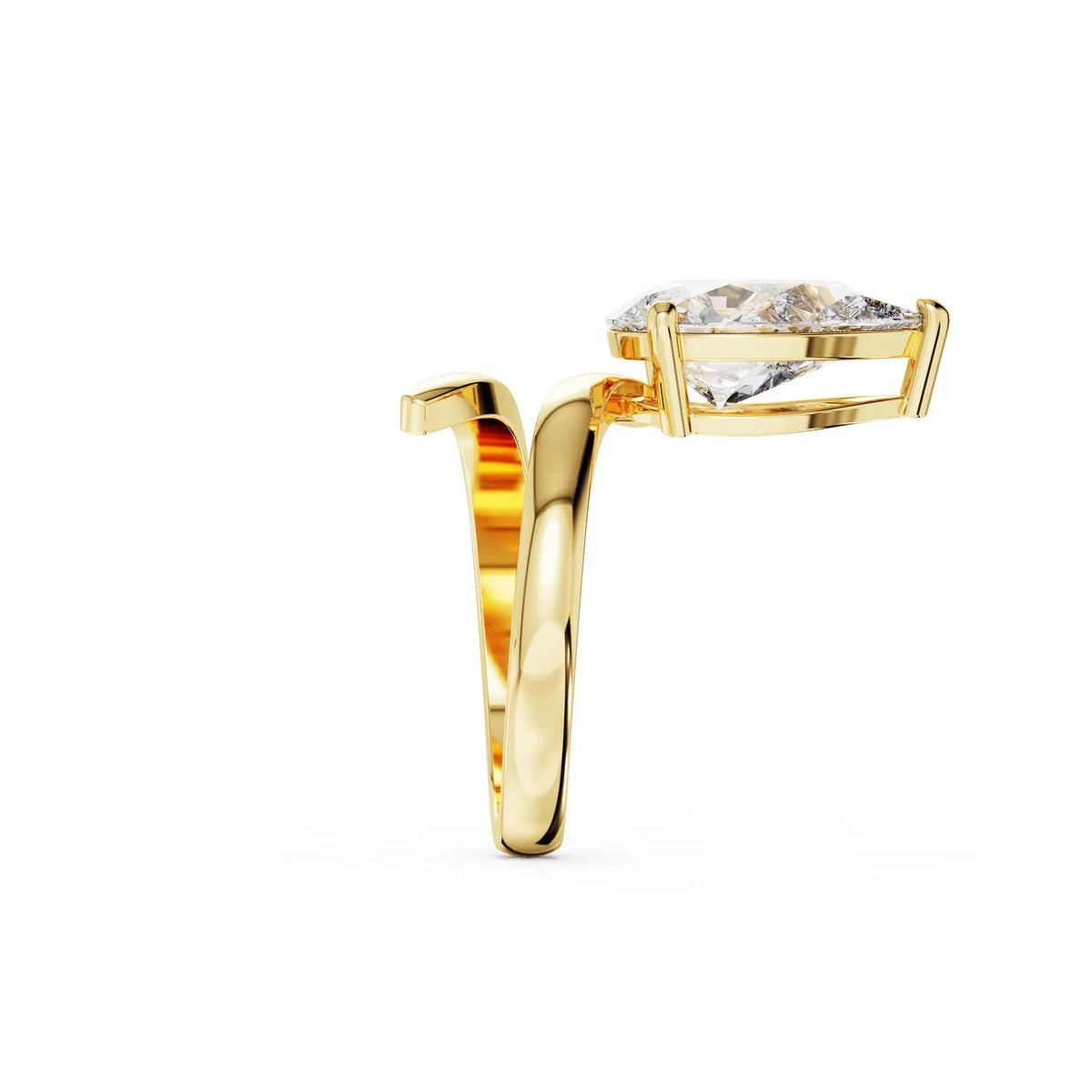 Side profile shot showcasing the elevated prong head and swooping band of a 2 carat pear diamond bypass ring.