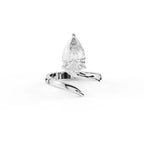 Front view of a 2 carat pear cut lab grown diamond on a sleek white gold spiral bypass ring band.