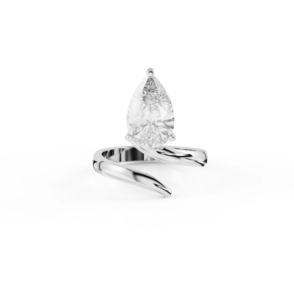 Front view of a 2 carat pear cut lab grown diamond on a sleek white gold spiral bypass ring band.