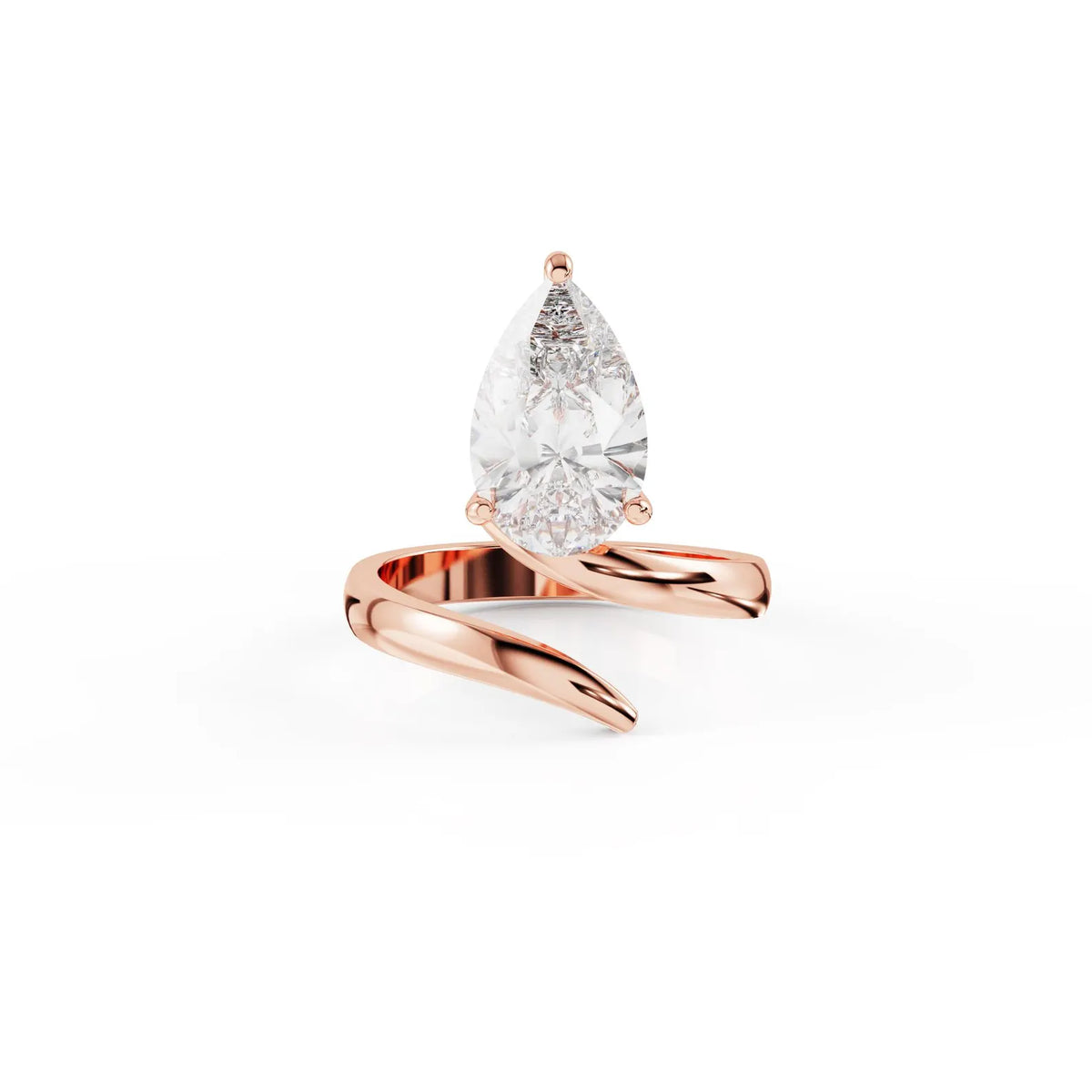 Front view of a 2 carat pear lab grown diamond solitaire ring set on a 14k rose gold bypass contour band.