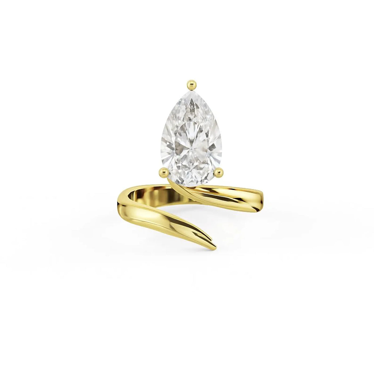 Front facing view of a 2 carat pear cut lab diamond mounted on a yellow gold spiral wrap band.