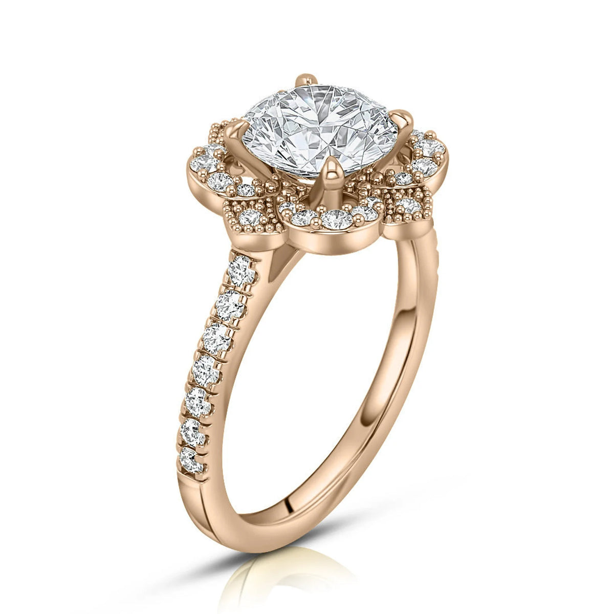 Perspective angle of a 3 carat round lab grown diamond vintage bloom halo ring crafted in 14k rose gold.