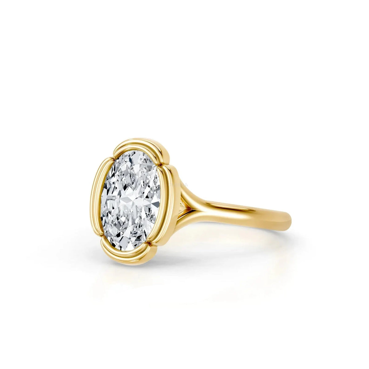 Three-quarter perspective view of a 3 CT oval lab created diamond engagement ring featuring a scalloped yellow gold bezel setting.