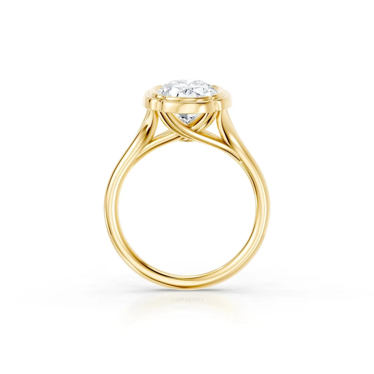 Complete side view of a yellow gold engagement ring displaying the intricate interwoven bridge and cathedral shoulders holding an oval lab diamond.