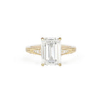 Front studio view of a 3 CT emerald cut lab diamond ring in yellow gold with hand-engraved milgrain shoulders and embedded accent diamonds.
