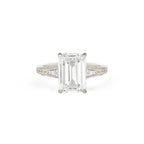 Front studio view of a 3 CT emerald cut lab diamond engagement ring in white gold featuring milgrain engraved shoulders and side diamonds.