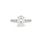 Front studio image of a 2 CT oval lab created diamond ring with vintage milgrain detailing in white gold.