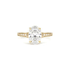 Front studio shot of a 2 CT oval lab grown diamond vintage engagement ring in 14K yellow gold.