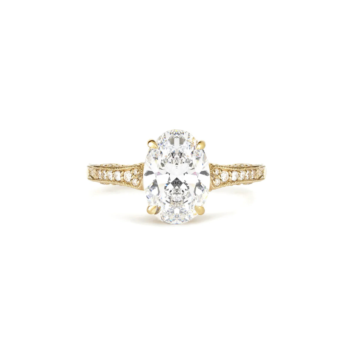Front studio shot of a 2 CT oval lab grown diamond vintage engagement ring in 14K yellow gold.