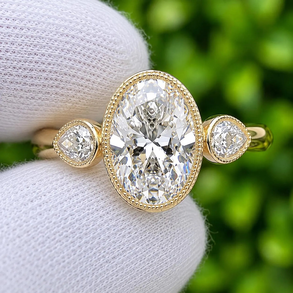 Extreme macro close-up of 3 CT oval lab grown diamond showing crisp facets and beaded milgrain bezel edge.