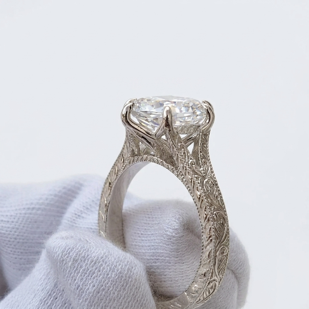 Detailed side view highlighting the intricate milgrain and vintage floral engraving along the white gold ring shank.